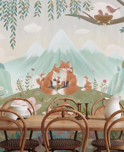 mural de bosque infantil personalizado llamado Fox Family de la colección Oliver Robins