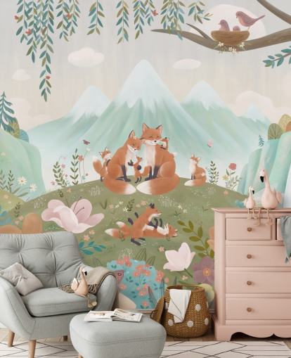 aangepaste bosmuurschildering voor kinderen genaamd Fox Family uit de Oliver Robins-collectie aangepaste bosmuurschildering voor kinderen genaamd Fox Family uit de Oliver Robins-collectie