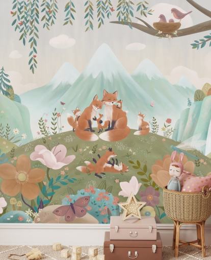 mural de bosque infantil personalizado llamado Fox Family de la colección Oliver Robins