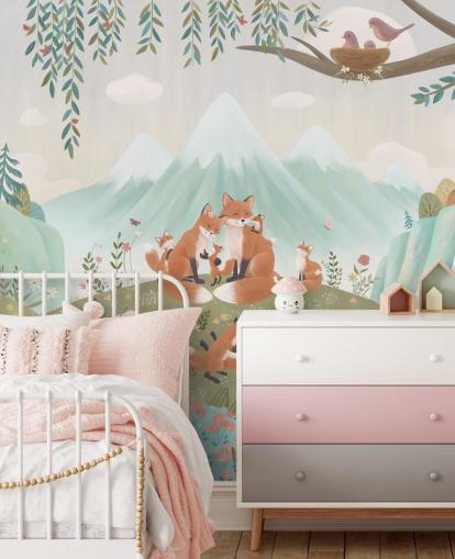 aangepaste bosmuurschildering voor kinderen genaamd Fox Family uit de Oliver Robins-collectie