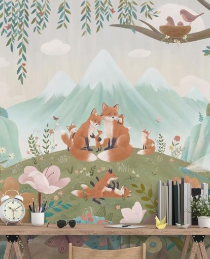mural de bosque infantil personalizado llamado Fox Family de la colección Oliver Robins
