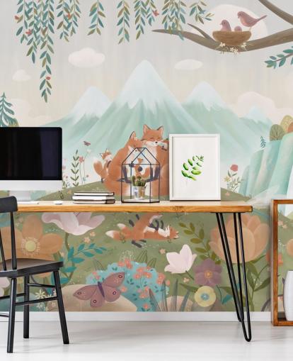 mural de bosque infantil personalizado llamado Fox Family de la colección Oliver Robins