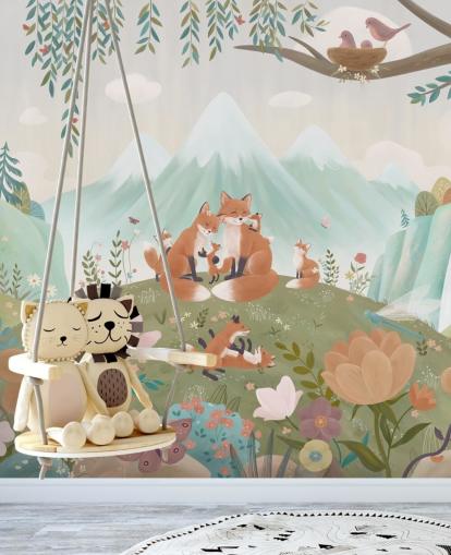 individuelles Wald-Wandbild für Kinder namens Fox Family aus der Oliver Robins-Kollektion individuelles Wald-Wandbild für Kinder namens Fox Family aus der Oliver Robins-Kollektion