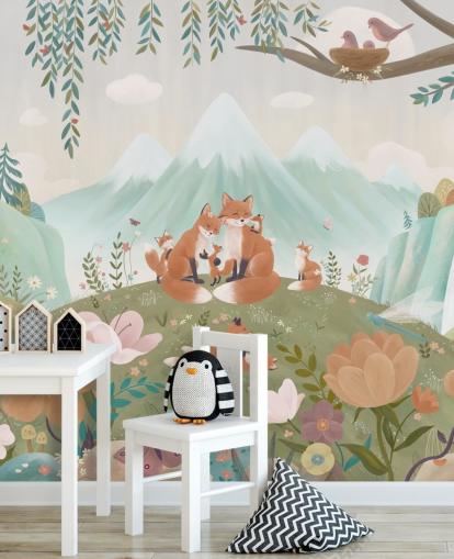 aangepaste bosmuurschildering voor kinderen genaamd Fox Family uit de Oliver Robins-collectie