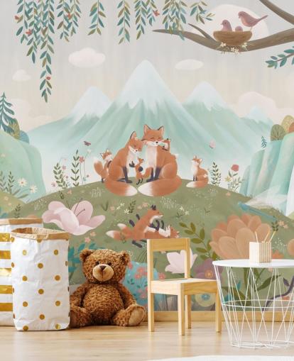 aangepaste bosmuurschildering voor kinderen genaamd Fox Family uit de Oliver Robins-collectie