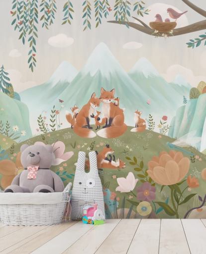 brugerdefineret børns skovmaleri kaldet Fox Family fra Oliver Robins-samlingen