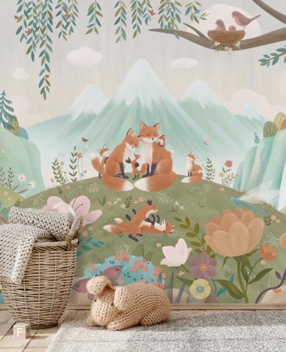 murale forestale personalizzato per bambini chiamato Fox Family della collezione Oliver Robins murale forestale personalizzato per bambini chiamato Fox Family della collezione Oliver Robins