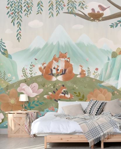 mural de bosque infantil personalizado llamado Fox Family de la colección Oliver Robins