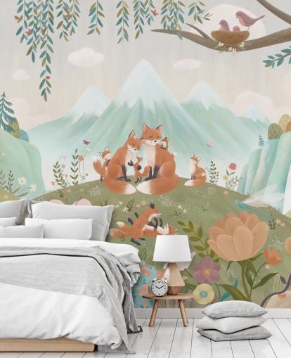 custom children's forest mural called Fox Family from the Oliver Robins collection