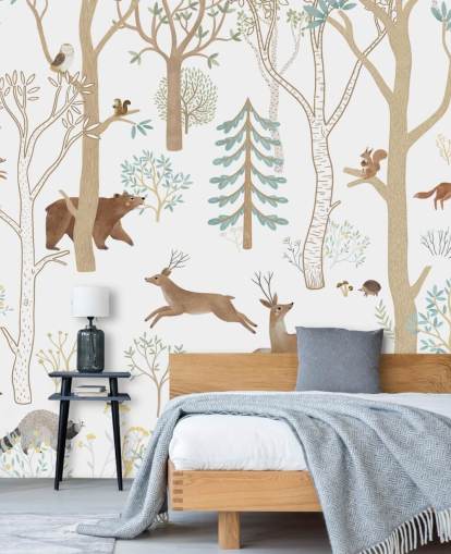murale personalizzato con animali della foresta marrone e bianco chiamato Frisky Forest Blue della collezione Oliver Robins