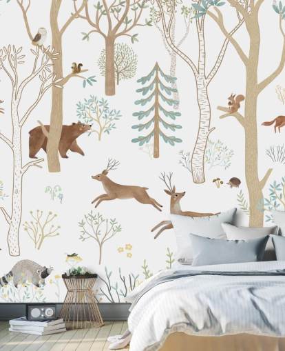 mural personalizado de animales del bosque en blanco y marrón llamado Frisky Forest Blue de la colección Oliver Robins