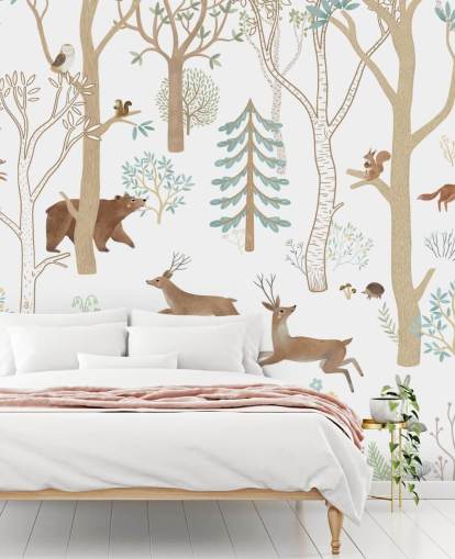 mural personalizado de animales del bosque en blanco y marrón llamado Frisky Forest Blue de la colección Oliver Robins