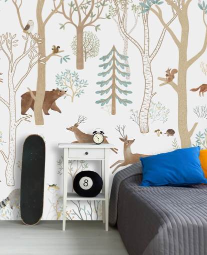 mural personalizado de animales del bosque en blanco y marrón llamado Frisky Forest Blue de la colección Oliver Robins