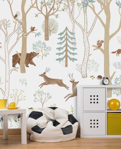 mural personalizado de animales del bosque en blanco y marrón llamado Frisky Forest Blue de la colección Oliver Robins