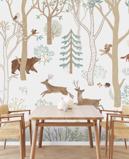 brown and white custom forest animals mural called Frisky Forest Blue from the Oliver Robins collection