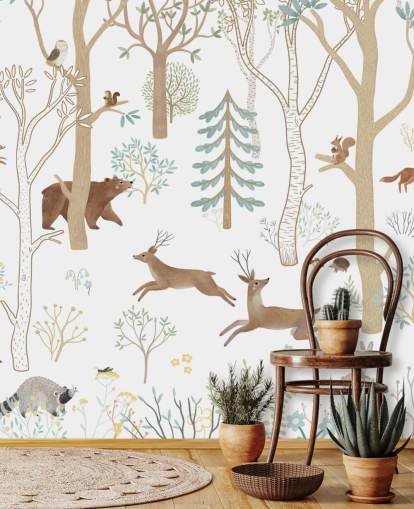 mural personalizado de animales del bosque en blanco y marrón llamado Frisky Forest Blue de la colección Oliver Robins