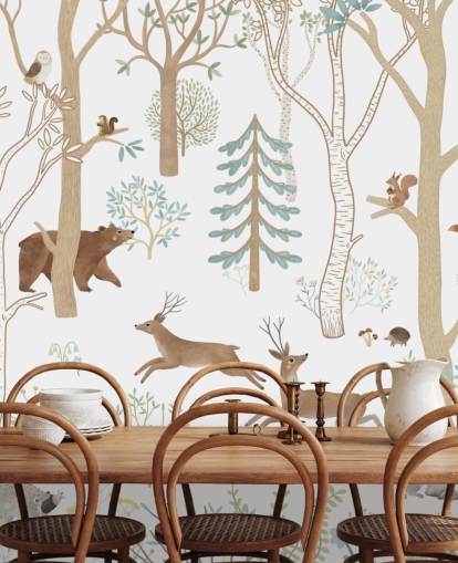 murale personalizzato con animali della foresta marrone e bianco chiamato Frisky Forest Blue della collezione Oliver Robins murale personalizzato con animali della foresta marrone e bianco chiamato Frisky Forest Blue della collezione Oliver Robins