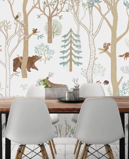 bruine en witte op maat gemaakte muurschildering met bosdieren genaamd Frisky Forest Blue uit de Oliver Robins-collectie bruine en witte op maat gemaakte muurschildering met bosdieren genaamd Frisky Forest Blue uit de Oliver Robins-collectie