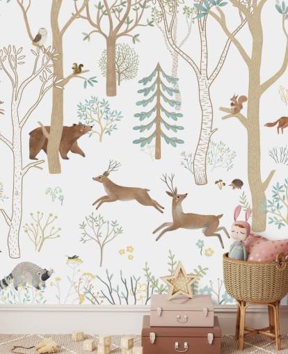 mural personalizado de animales del bosque en blanco y marrón llamado Frisky Forest Blue de la colección Oliver Robins