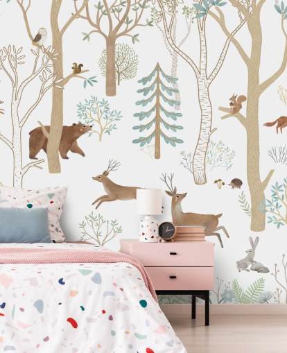 mural de animais florestais personalizados em marrom e branco chamado Frisky Forest Blue da coleção Oliver Robins