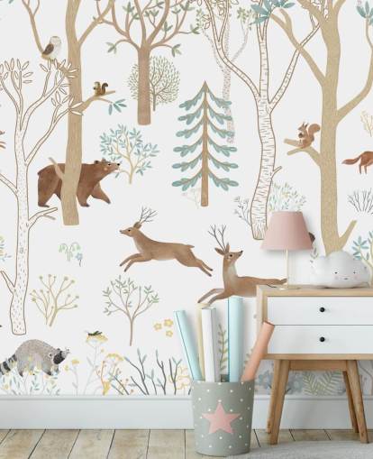 brown and white custom forest animals mural called Frisky Forest Blue from the Oliver Robins collection