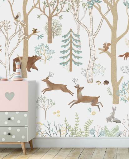 braunes und weißes maßgefertigtes Wandbild mit Waldtieren namens Frisky Forest Blue aus der Oliver Robins-Kollektion