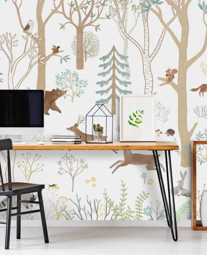 brown and white custom forest animals mural called Frisky Forest Blue from the Oliver Robins collection