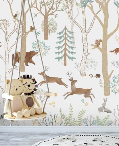peinture murale personnalisée marron et blanc d'animaux de la forêt appelée Frisky Forest Blue de la collection Oliver Robins peinture murale personnalisée marron et blanc d'animaux de la forêt appelée Frisky Forest Blue de la collection Oliver Robins