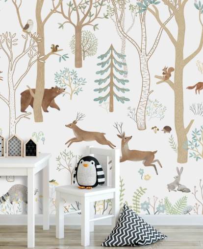 bruine en witte op maat gemaakte muurschildering met bosdieren genaamd Frisky Forest Blue uit de Oliver Robins-collectie bruine en witte op maat gemaakte muurschildering met bosdieren genaamd Frisky Forest Blue uit de Oliver Robins-collectie