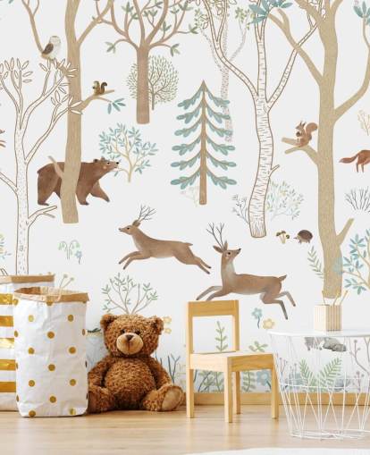 brown and white custom forest animals mural called Frisky Forest Blue from the Oliver Robins collection brown and white custom forest animals mural called Frisky Forest Blue from the Oliver Robins collection