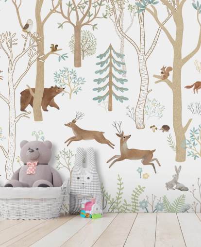 mural personalizado de animales del bosque en blanco y marrón llamado Frisky Forest Blue de la colección Oliver Robins