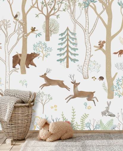 mural de animais florestais personalizados em marrom e branco chamado Frisky Forest Blue da coleção Oliver Robins