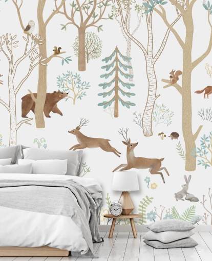 brown and white custom forest animals mural called Frisky Forest Blue from the Oliver Robins collection brown and white custom forest animals mural called Frisky Forest Blue from the Oliver Robins collection