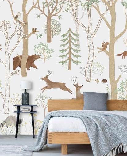 aangepaste bosmuurschildering voor kinderen genaamd Frisky Forest Green uit de Oliver Robins-collectie aangepaste bosmuurschildering voor kinderen genaamd Frisky Forest Green uit de Oliver Robins-collectie