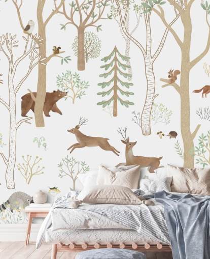 mural de bosque personalizado para niños llamado Frisky Forest Green de la colección Oliver Robins