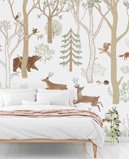mural de bosque personalizado para niños llamado Frisky Forest Green de la colección Oliver Robins