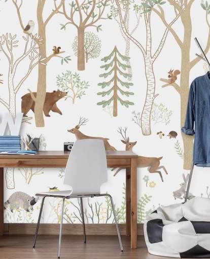 mural de bosque personalizado para niños llamado Frisky Forest Green de la colección Oliver Robins