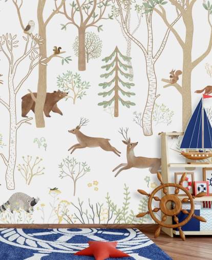 mural florestal infantil personalizado chamado Frisky Forest Green da coleção Oliver Robins