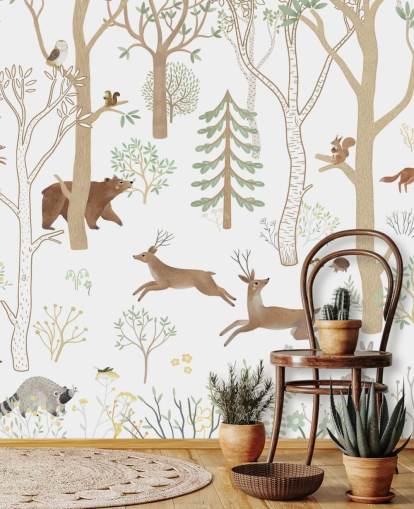 murale forestale personalizzato per bambini chiamato Frisky Forest Green della collezione Oliver Robins