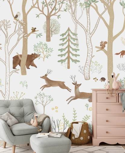 custom kids forest mural called Frisky Forest Green from the Oliver Robins collection