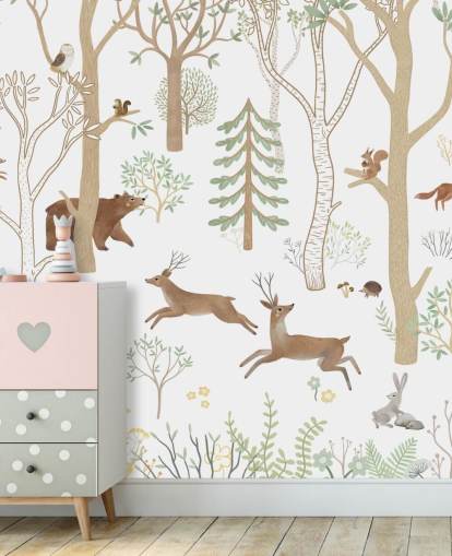 murale forestale personalizzato per bambini chiamato Frisky Forest Green della collezione Oliver Robins murale forestale personalizzato per bambini chiamato Frisky Forest Green della collezione Oliver Robins