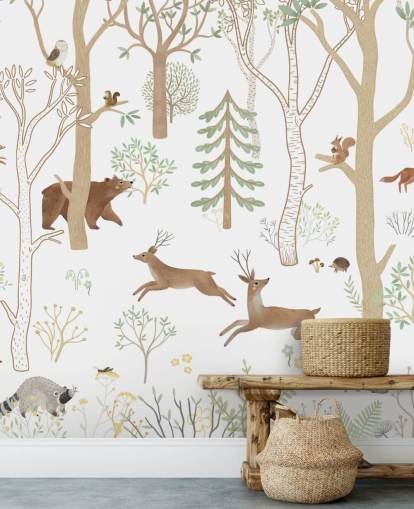 murale forestale personalizzato per bambini chiamato Frisky Forest Green della collezione Oliver Robins murale forestale personalizzato per bambini chiamato Frisky Forest Green della collezione Oliver Robins