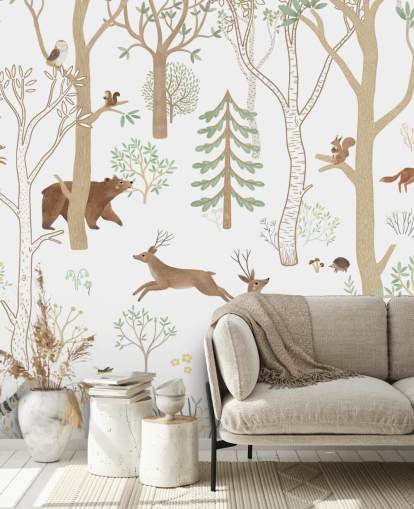 custom kids forest mural called Frisky Forest Green from the Oliver Robins collection