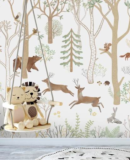 mural de bosque personalizado para niños llamado Frisky Forest Green de la colección Oliver Robins