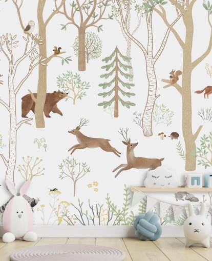 custom kids forest mural called Frisky Forest Green from the Oliver Robins collection