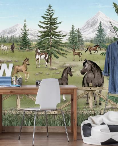 murale personalizzato con cavalli per bambini chiamato Horse Haven della collezione Oliver Robins