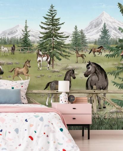 murale personalizzato con cavalli per bambini chiamato Horse Haven della collezione Oliver Robins