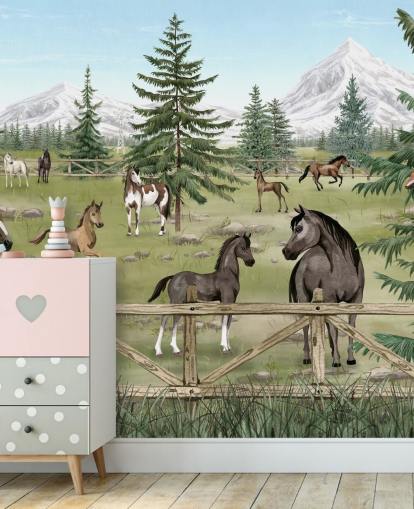 mural personalizado de caballos para niños llamado Horse Haven de la colección Oliver Robins