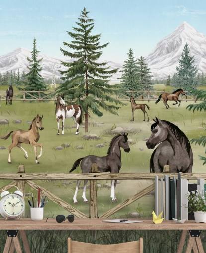 murale personalizzato con cavalli per bambini chiamato Horse Haven della collezione Oliver Robins