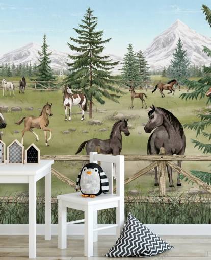 mural de cavalos infantil personalizado chamado Horse Haven da coleção Oliver Robins